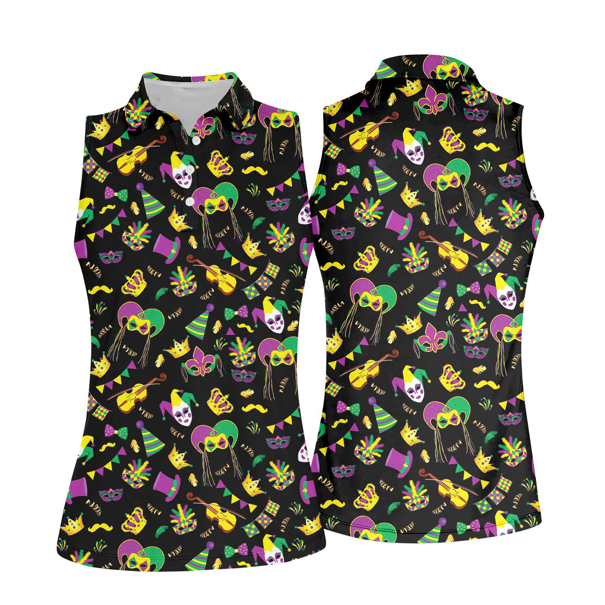 Festive Mask Purple Green Gold Mardi Gras Golf Shirt, Women's Golf Tops, Ladies Golf Polos