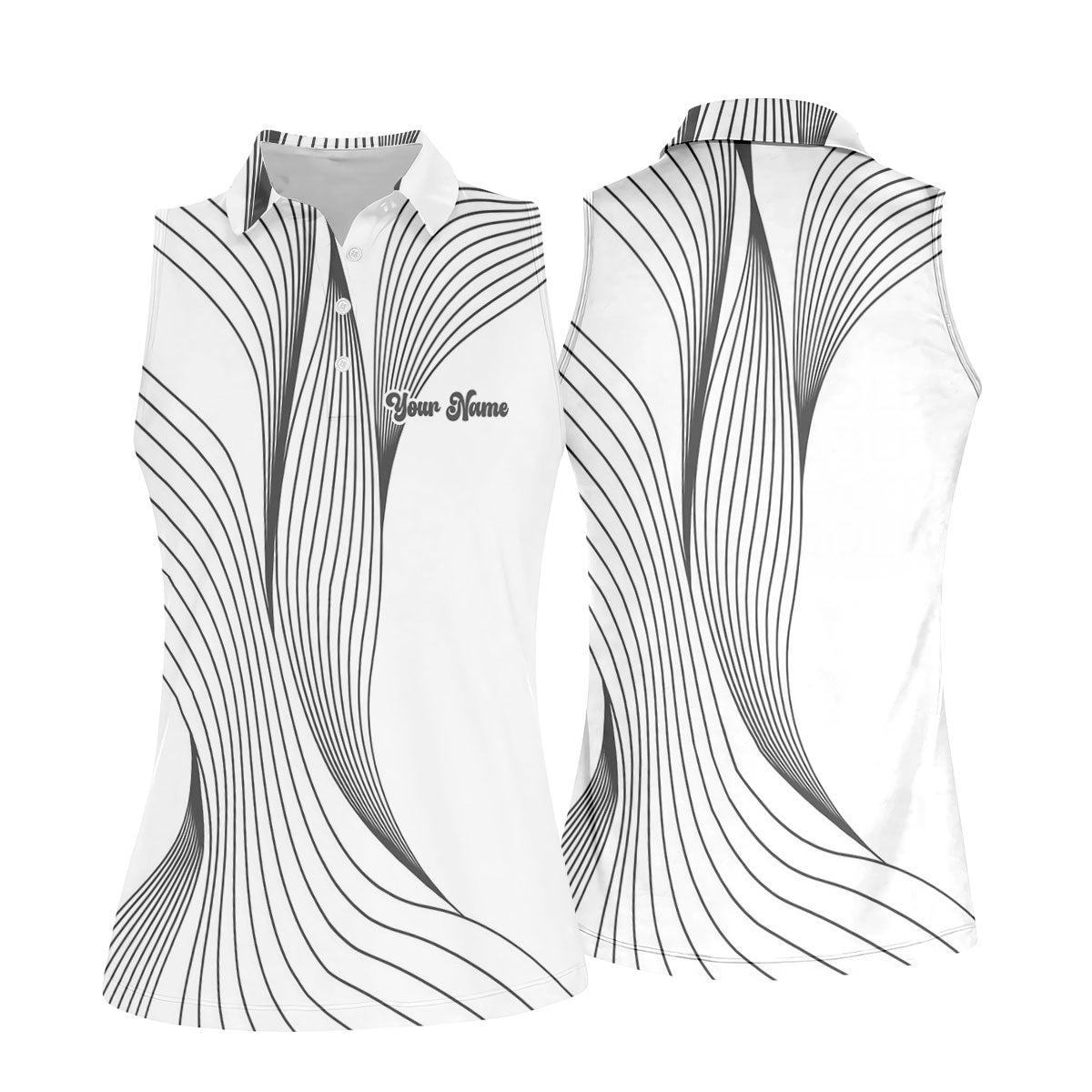 Geometric Line Wavy Line Black And White Custom Name Women's Golf Tops, Ladies Golf Shirts, Women's Polo Shirt