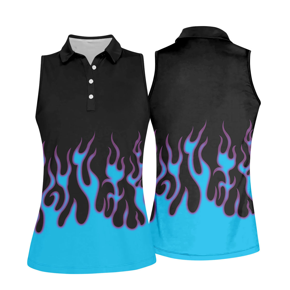 Black Cyan Purple Flame Sleeve Golf Shirt, Women's Golf Tops, Women’s Golf Apparel