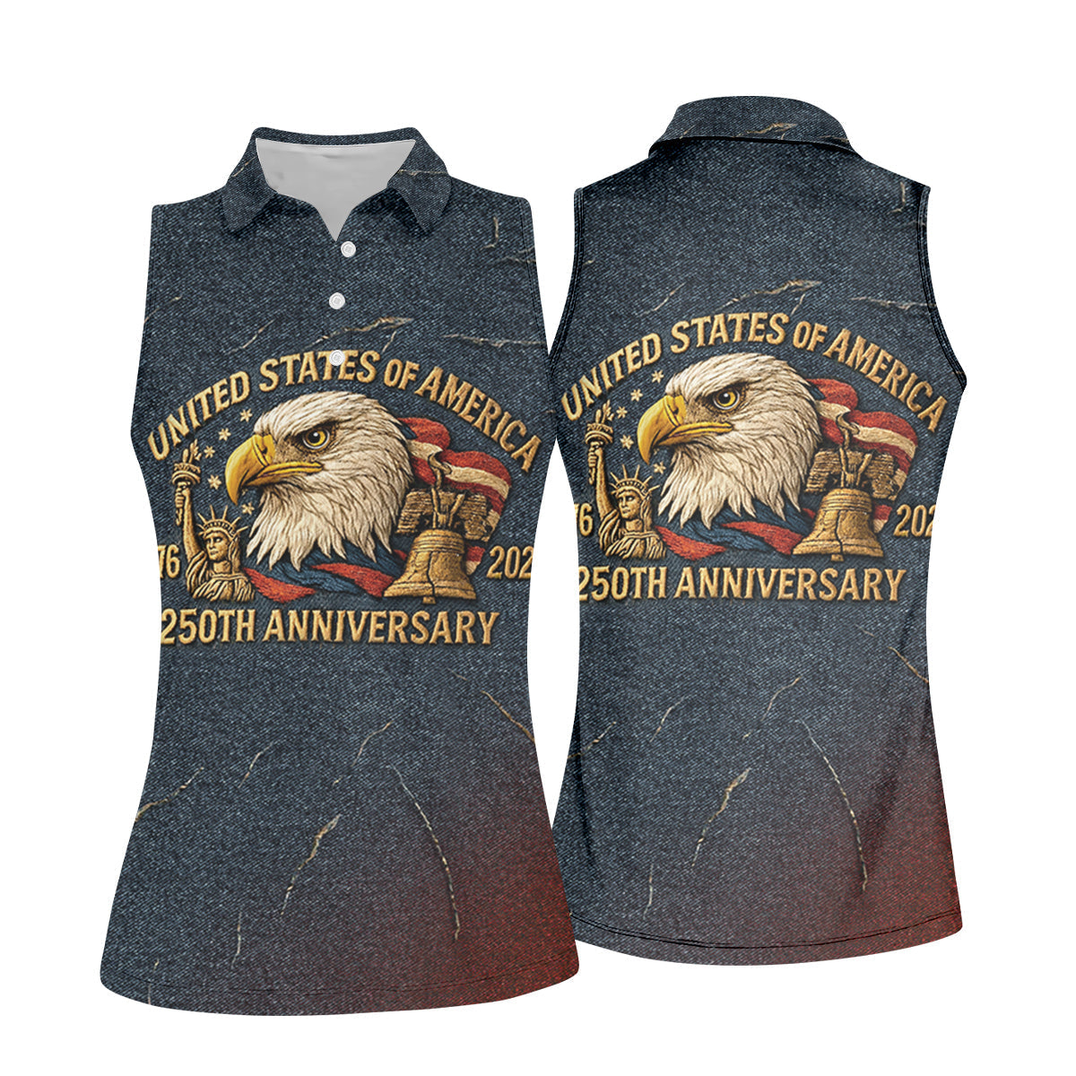 250th Anniversary American Flag And Eagle Denim Color Women's Golf Tops, Patriotic Golf Shirt, Ladies Golf Shirts