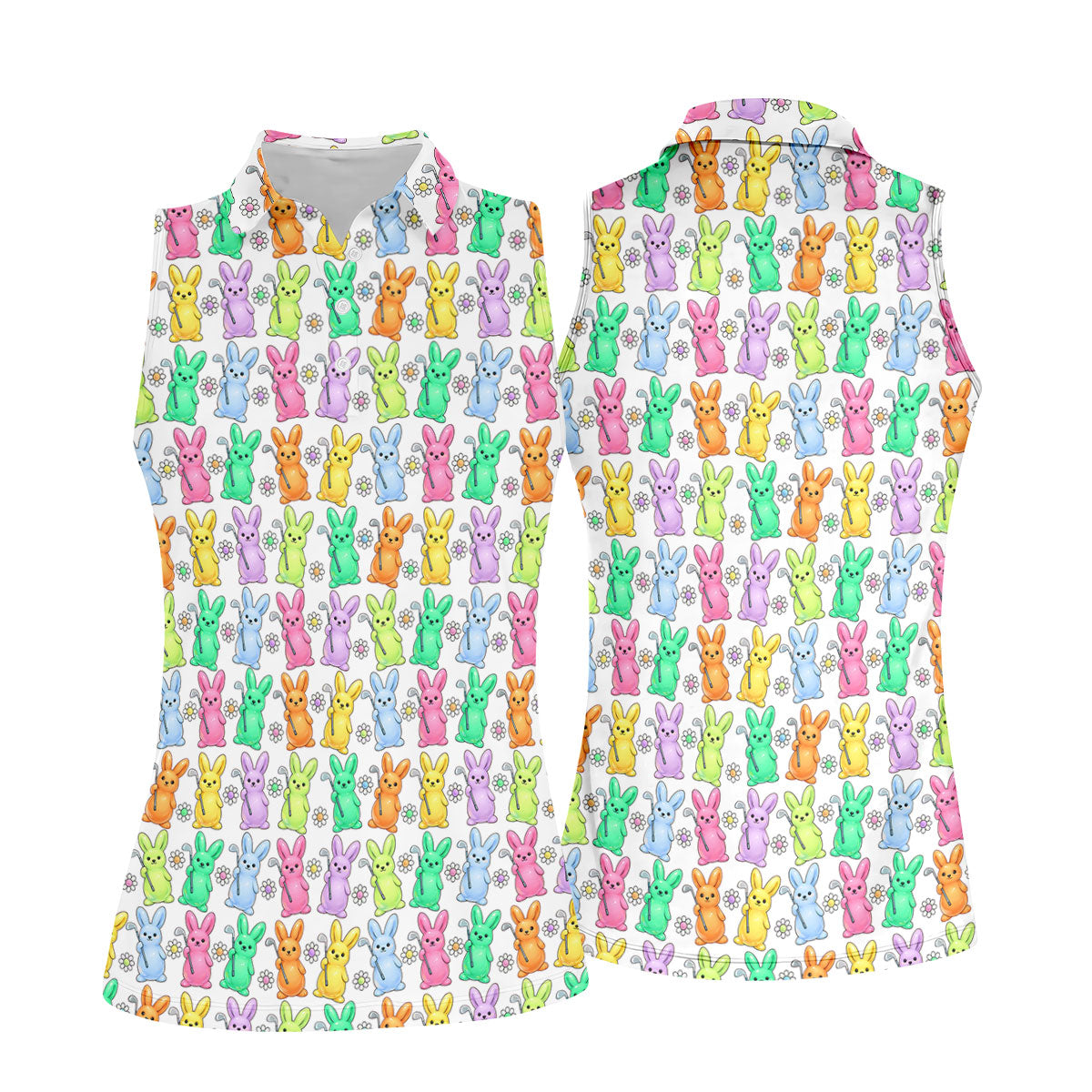 Colorful Easter Bunny White Golf Shirt, Cute Golf Outfit, Women's Golf Tops, Ladies Golf Shirts