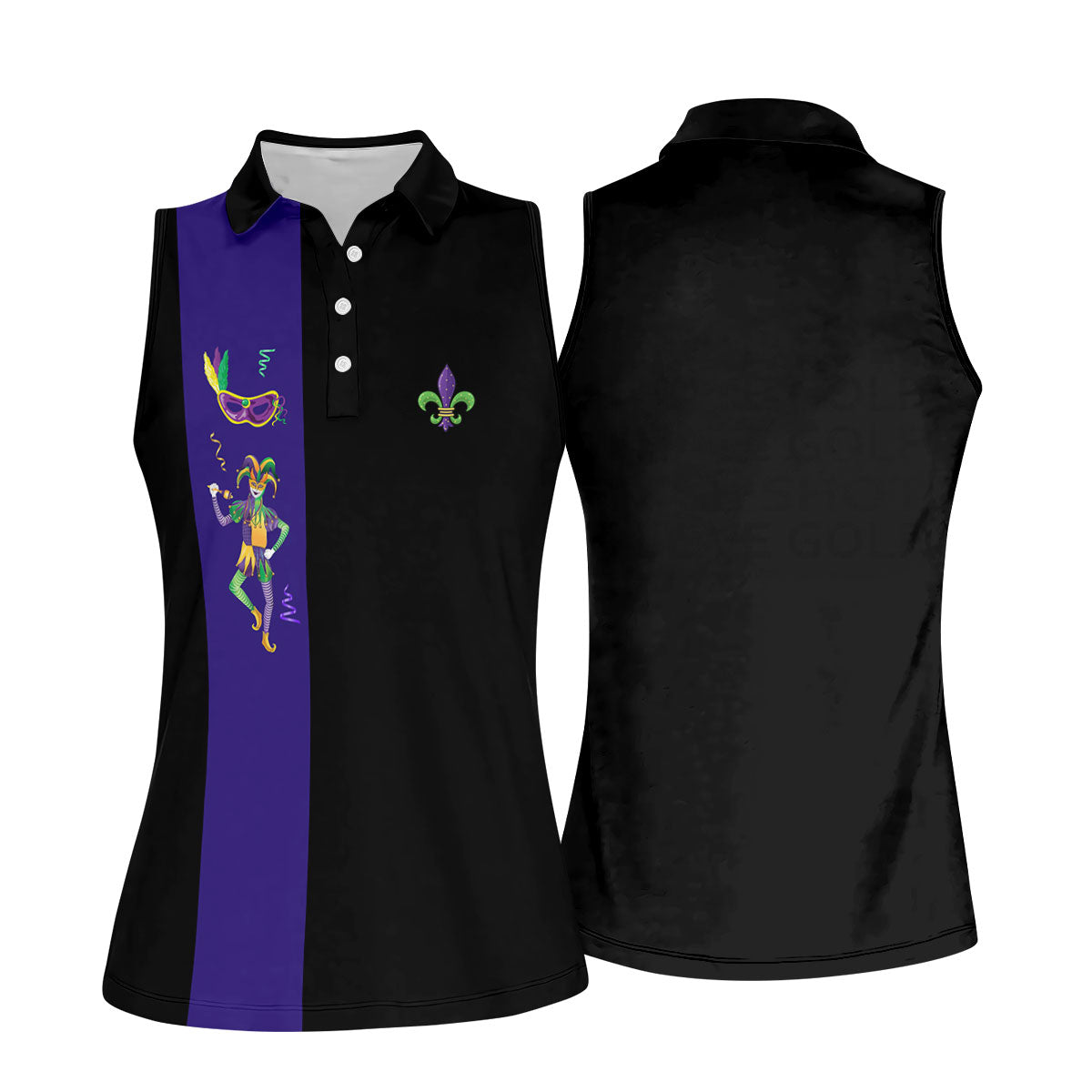 Mardi Gras Festival Jester Figure Fleur De Lis Symbol Black Golf Shirt, Women's Golf Tops, Ladies Golf Polos