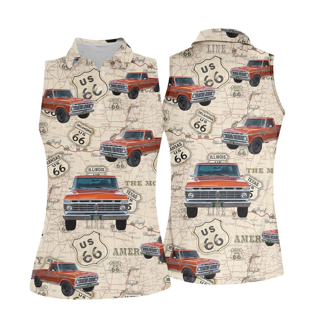 Custom Photo Truck Golf Shirt, Vintage Pickup Route 66 Map Pattern, Golf Shirt For Women