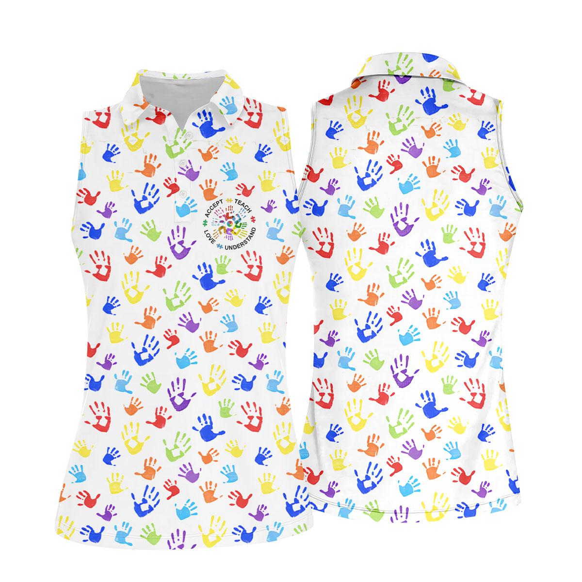 Accept Teach Understand Love Autism Awareness Colorful Handprint White Golf Shirt, Women's Golf Tops