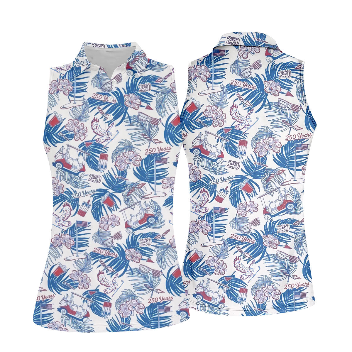 250 Years Red White Blue Tropical Floral Patriotic Golf Shirt, 4th Of July Golf Shirt For Women