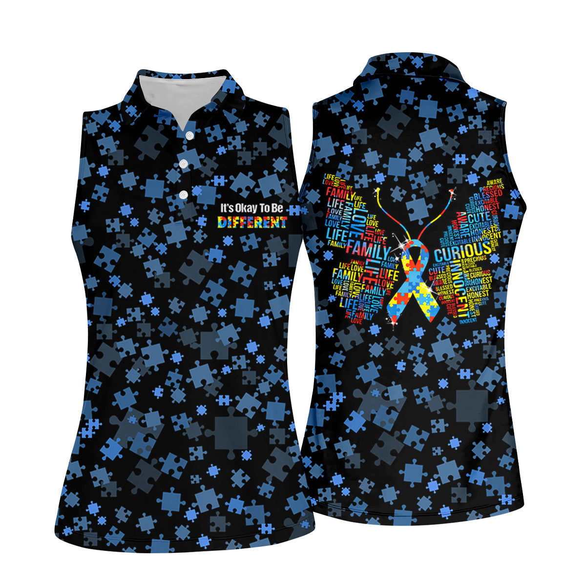 It's Okay To Be Different Autism Awareness Black And Blue Puzzle Pattern Ladies Golf Shirts, Golf Shirt For Women
