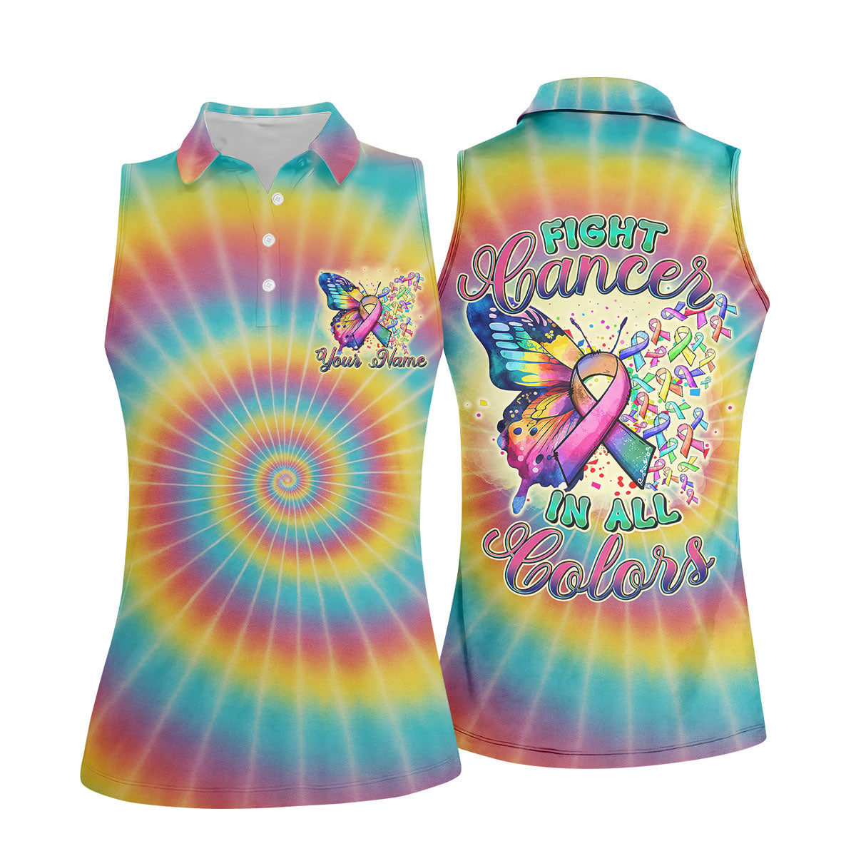 Fight Cancer In All Colors Tie Dye Print Women's Golf Shirts, Cancer Awareness Shirt, Ladies Golf Polos