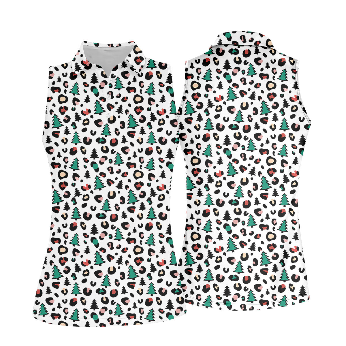 Leopard Pattern Xmas Pine Tree Women's Golf Shirts, Christmas Golf Shirt, Cute Golf Outfit, Ladies Golf Polos