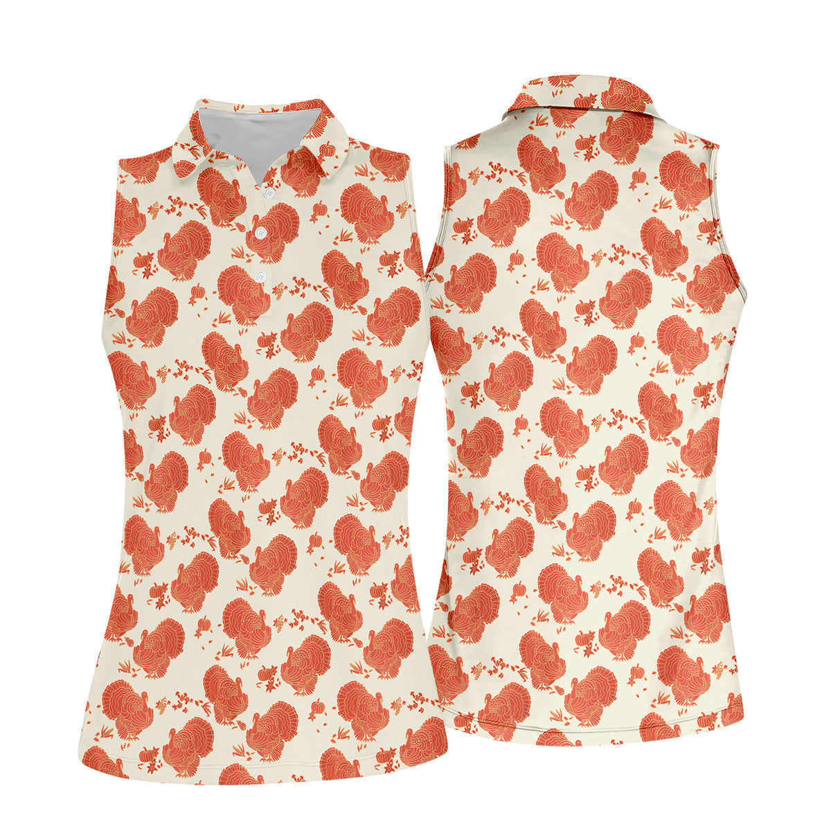 Turkey Pattern Beige And Orange Women's Golf Tops, Ladies Golf Polos, Thanksgiving Gift