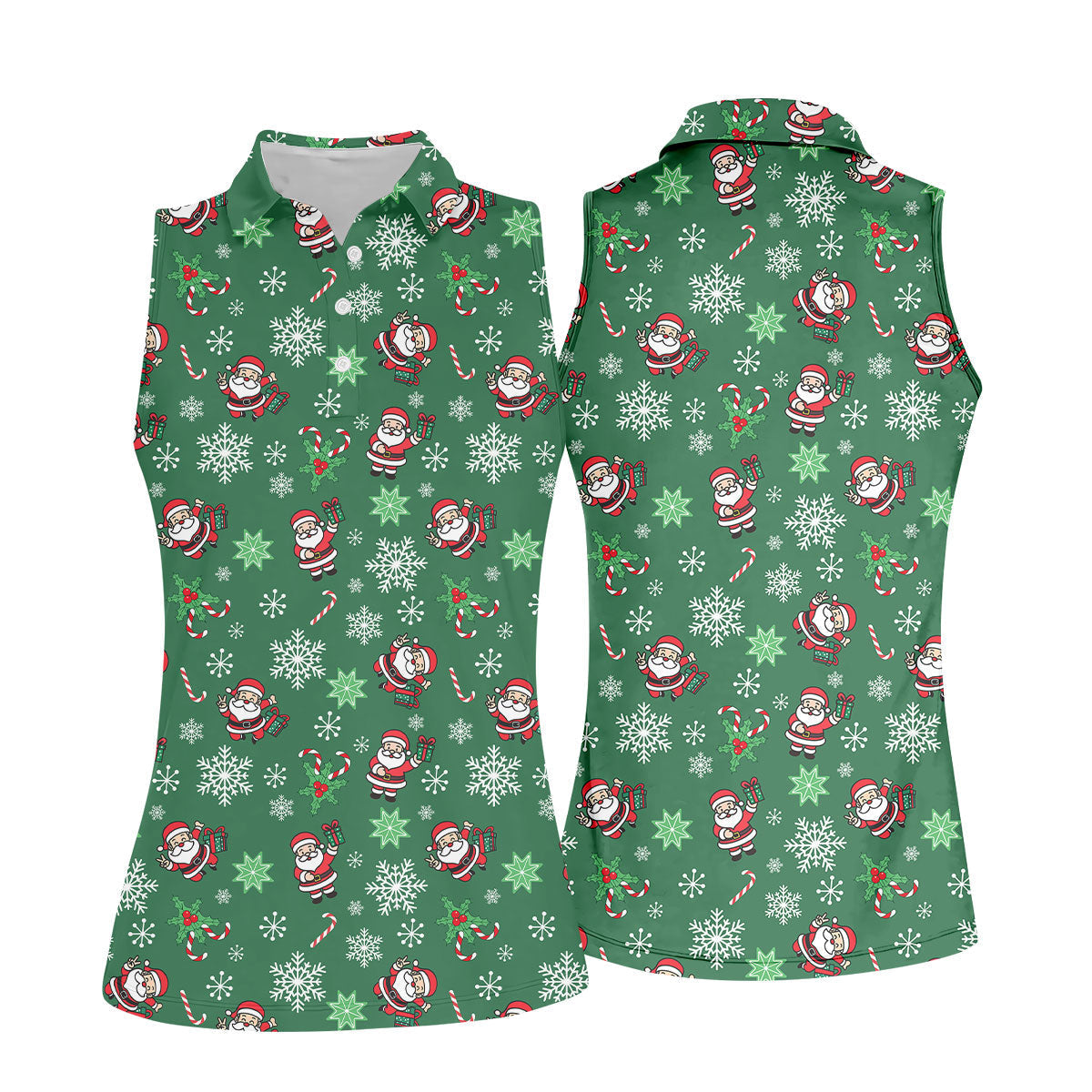 Santa Claus Pattern Christmas Green Fun Women's Golf Shirts, Christmas Golf Shirt, Ladies Golf Shirts