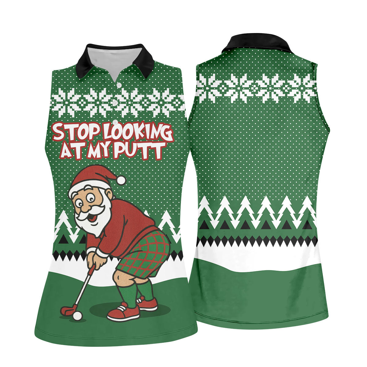 Stop Looking At My Putt Funny Santa Claus Argyle Golf Shirt, Christmas Golf Shirt, Women's Golf Tops