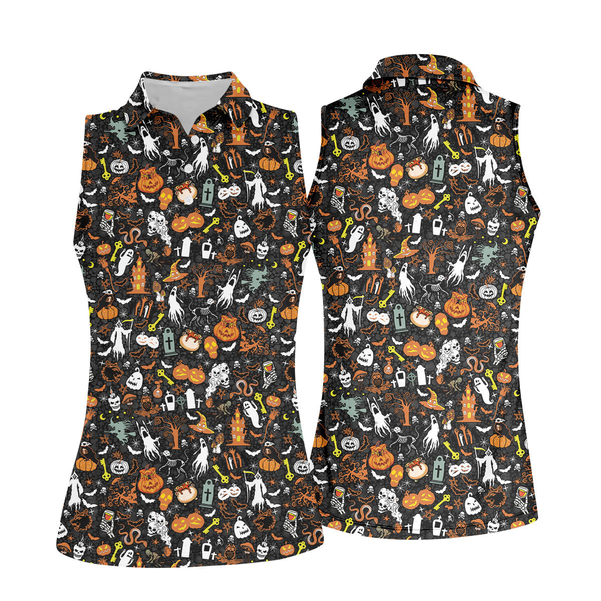 Trick or Treat Spooky Ghost Pumpkin Women's Golf Shirt, Halloween Golf Shirt, Fun Golf Shirts For Women