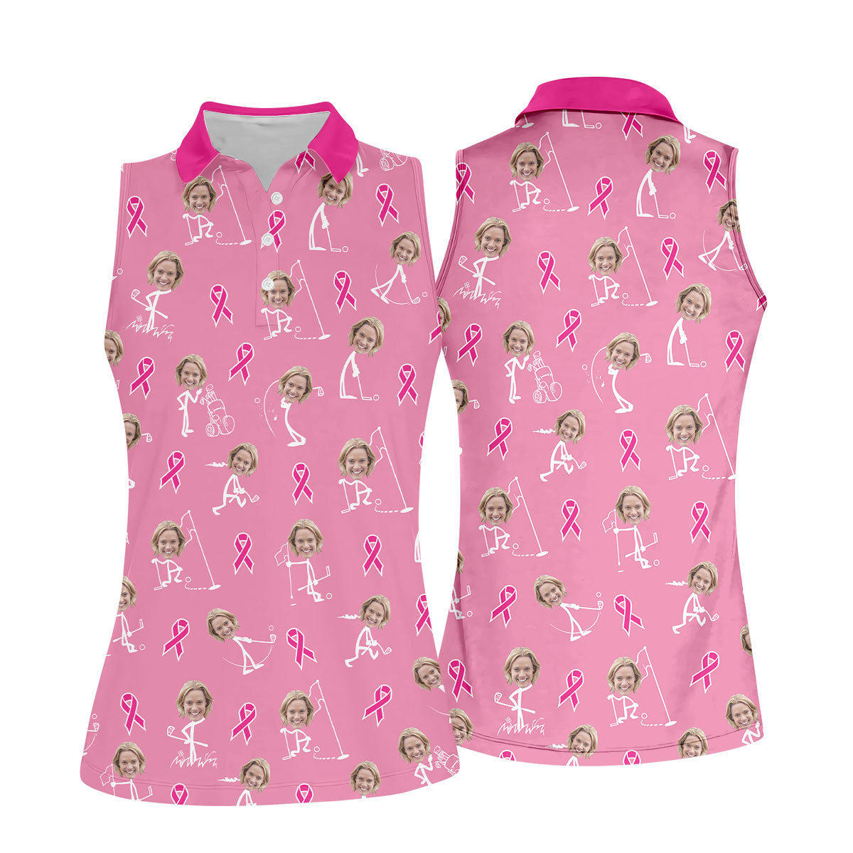 Funny Stick Figure Women's Golf Shirt, Custom Face Shirt, Breast Cancer Awareness Shirt, Pink Golf Shirt