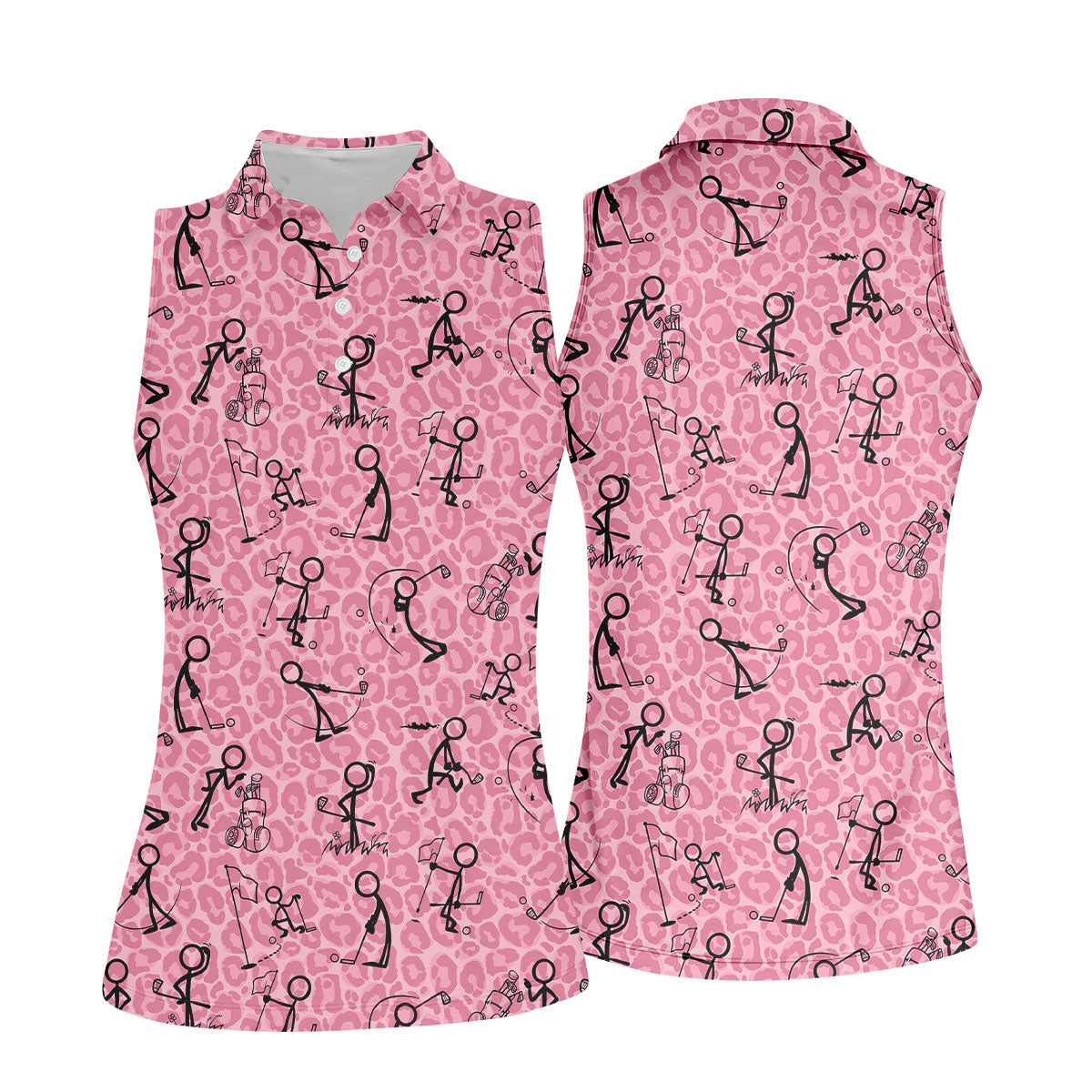 Golf Stick Man Pink Leopard Print Women Golf Top, Unique Gift For Golfer, Ladies Golf Polos