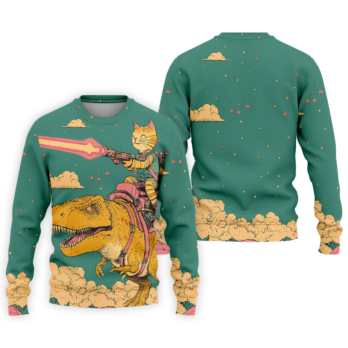Laser Cat Dinosaur Golf Shirt, Retro Sci Fi T Rex Adventure Pattern, Golf Shirt For Men