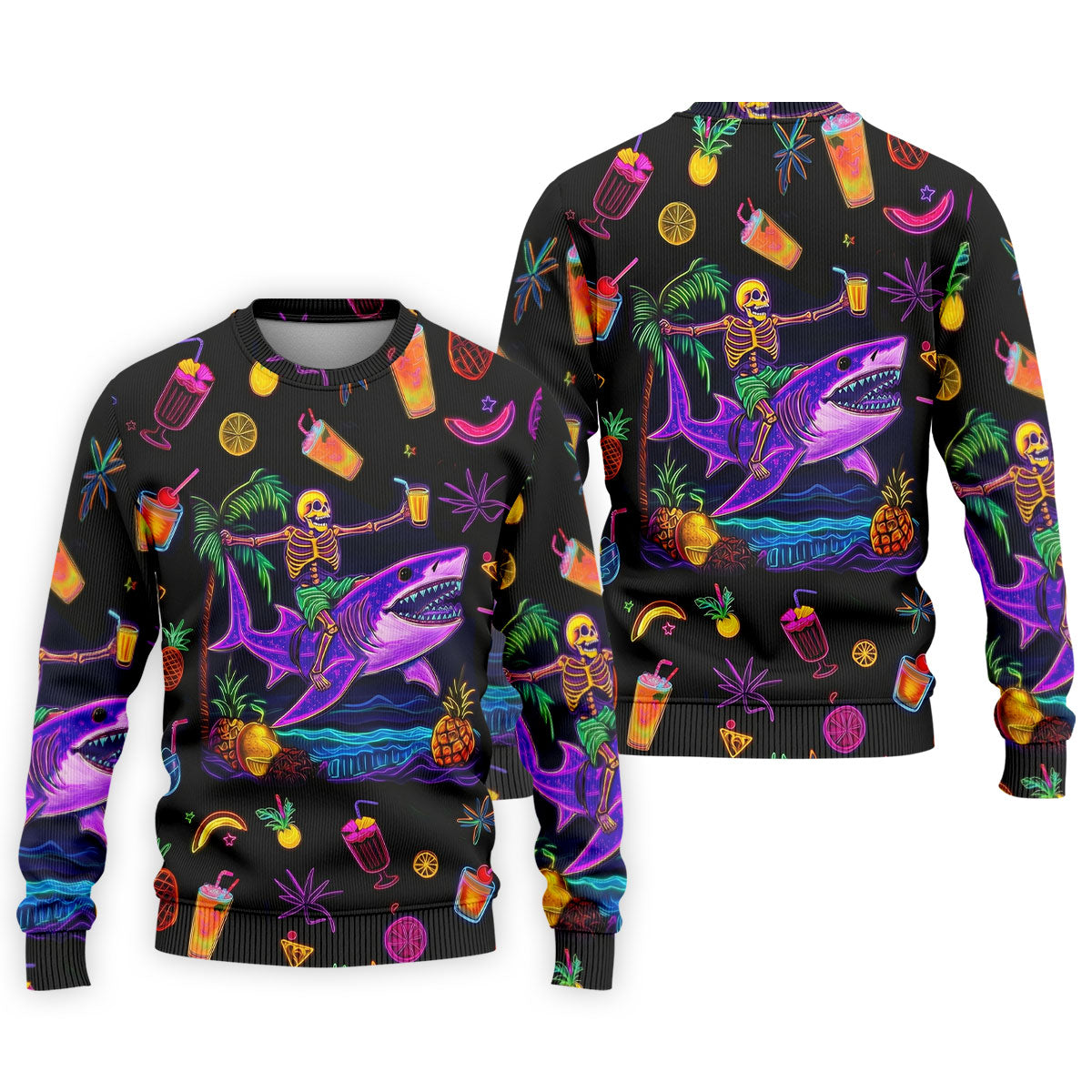 Neon Shark Beach Party Pattern Hawaiian Golf Shirt, Golf Shirts For Men, Polo Shirts For Men