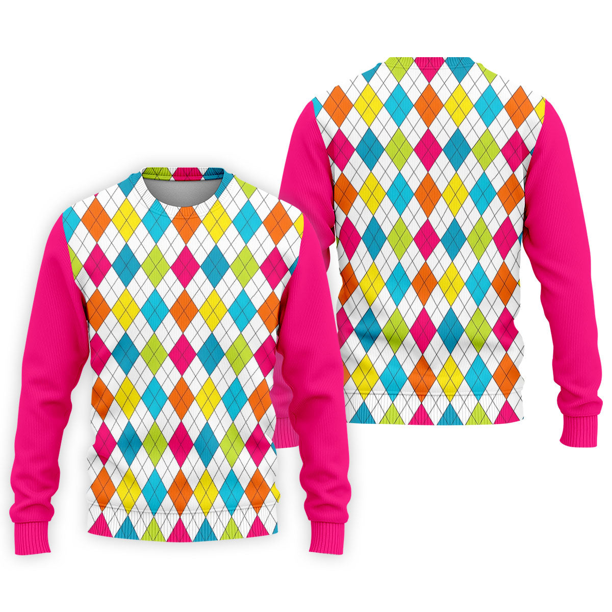 Pink Sleeve Colorful Argyle Plaid Golf Shirt, Mens Golf Polo, Printed Golf Shirts