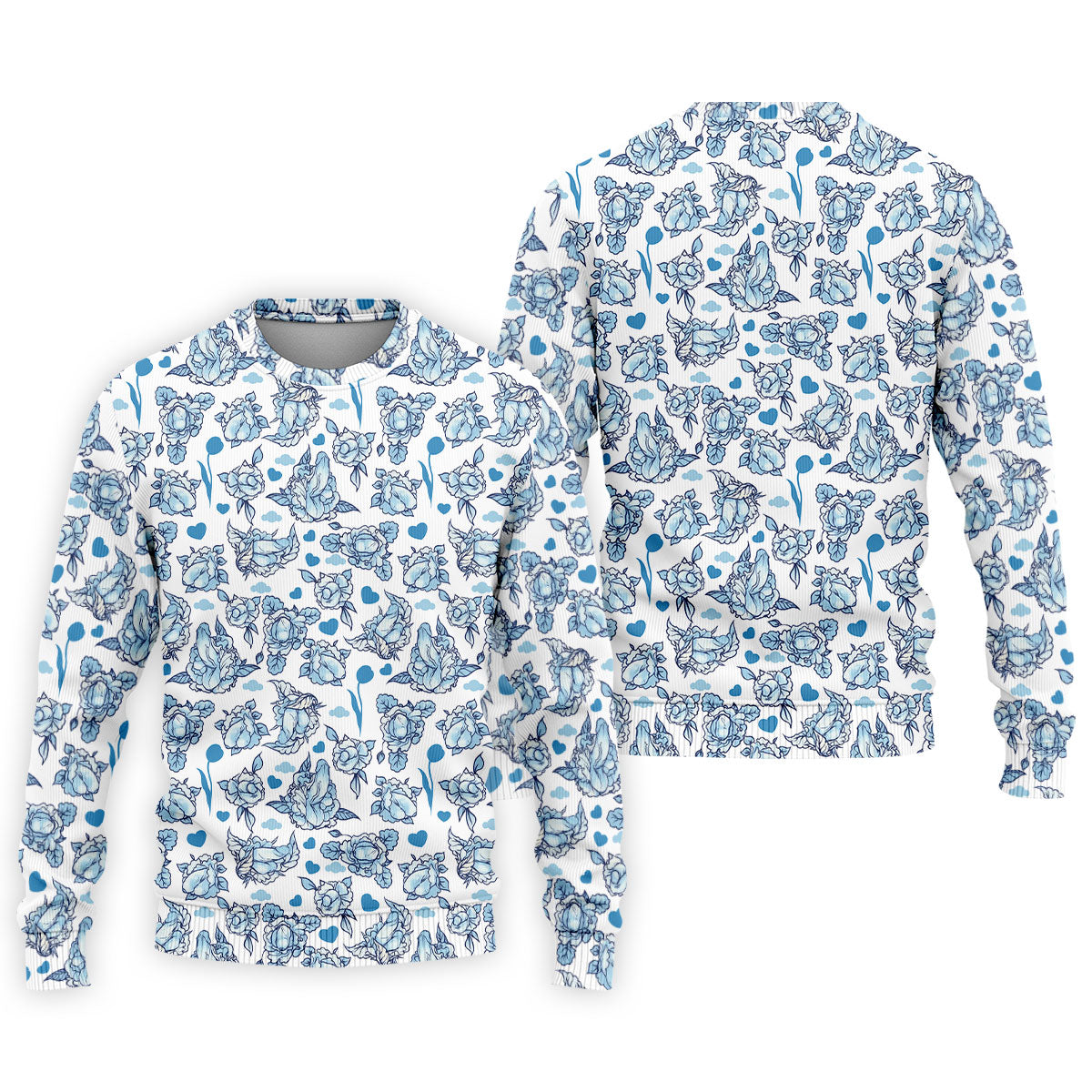 Blue Rose Floral Heart Pattern Golf Shirt, Polo Shirts For Men, Printed Golf Shirts