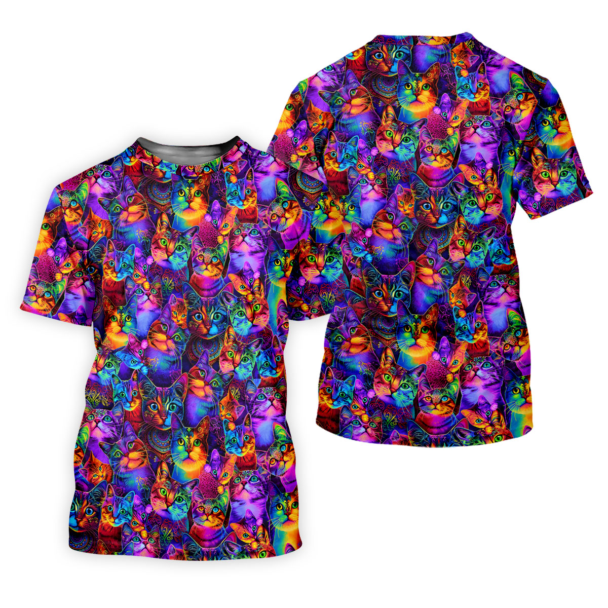 Psychedelic Cat Golf Shirt, Colorful Neon Cat Pattern, Polo Shirts For Men