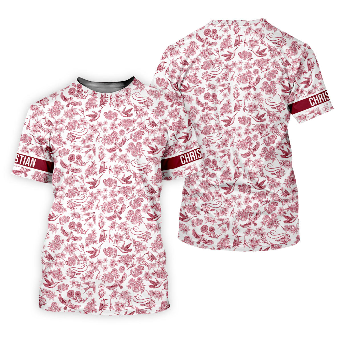 Custom Name Toile de Jouy Birds And Flowers White And Red Women Golf Top, Ladies Golf Polos