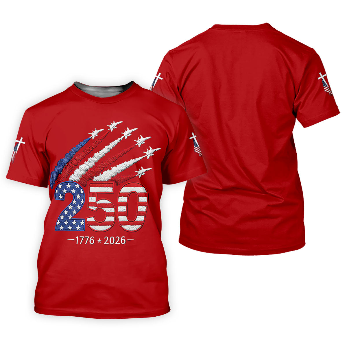 Flying Fighter Jets Faith Cross Patriotic 4th Of July Red Golf Shirt, 250 Years Golf Shirts For Men