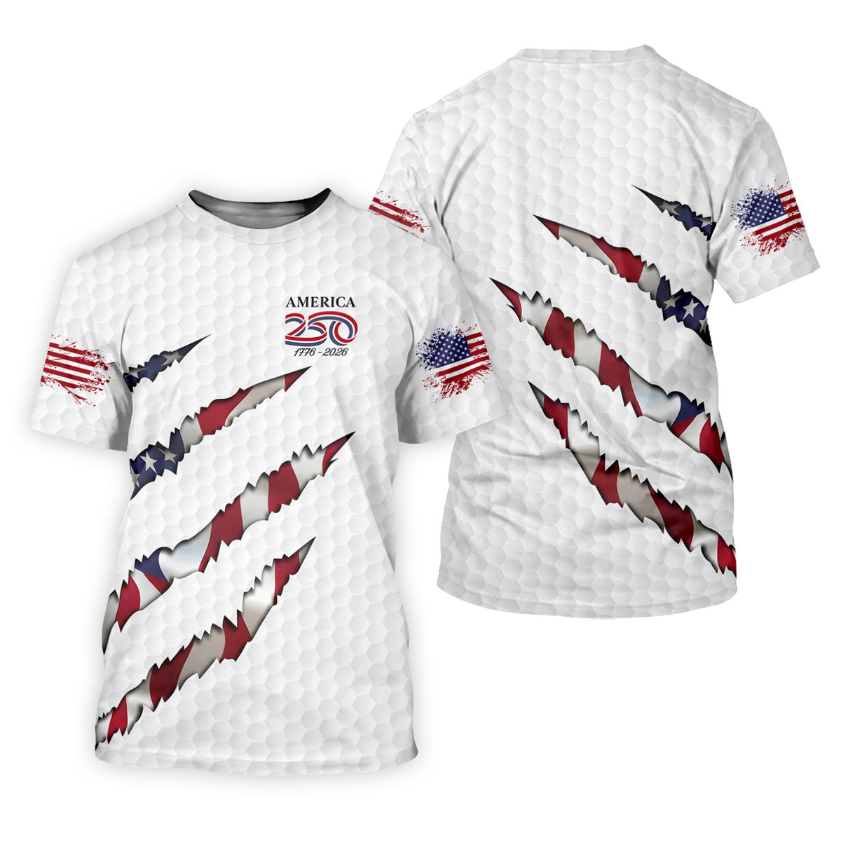America 250 1776-2026 Scratched Flag Golf Ball Pattern White Golf Shirt, Patriotic 4th Of July Golf Shirt For Women