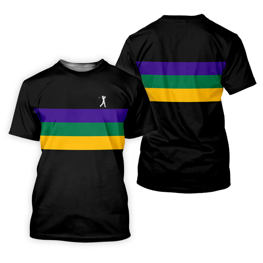 Mardi Gras Purple Green Gold Horizontal Stripes Black Golf Shirt, Women's Golf Shirts, Ladies Golf Polos