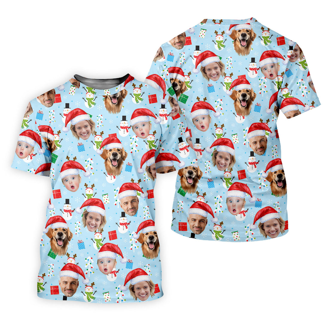 Custom Face Cute Snowman Pastel Blue Christmas Golf Shirt, Women's Golf Tops, Ladies Golf Shirts
