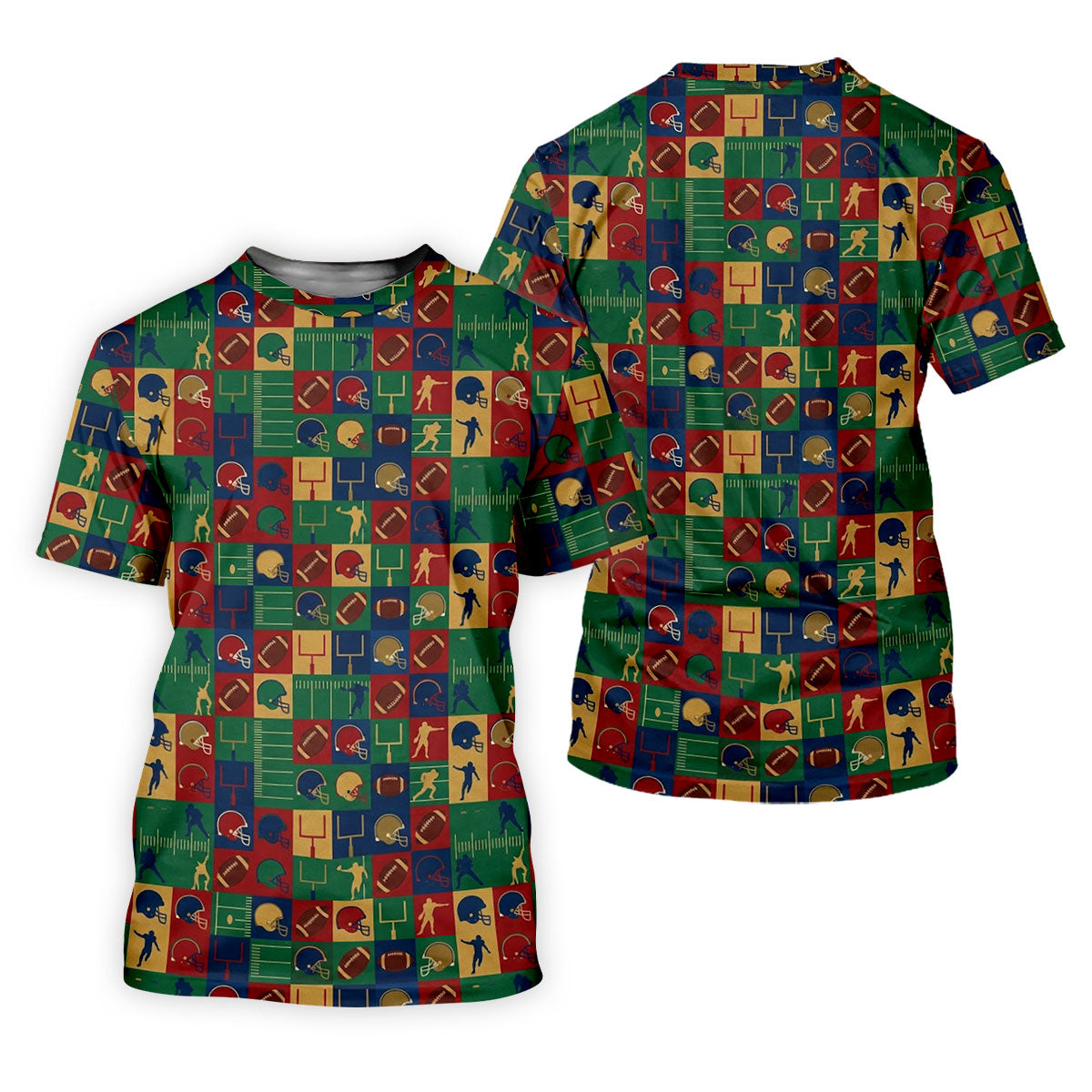 Football Pattern Square Grid Sport Polo, American Football Shirt, Game Day Football Theme Women's Green Polo Shirts