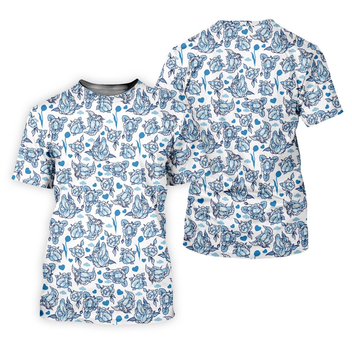 Blue Rose Floral Heart Pattern Golf Shirt, Women's Golf Tops, Golf Polo For Women