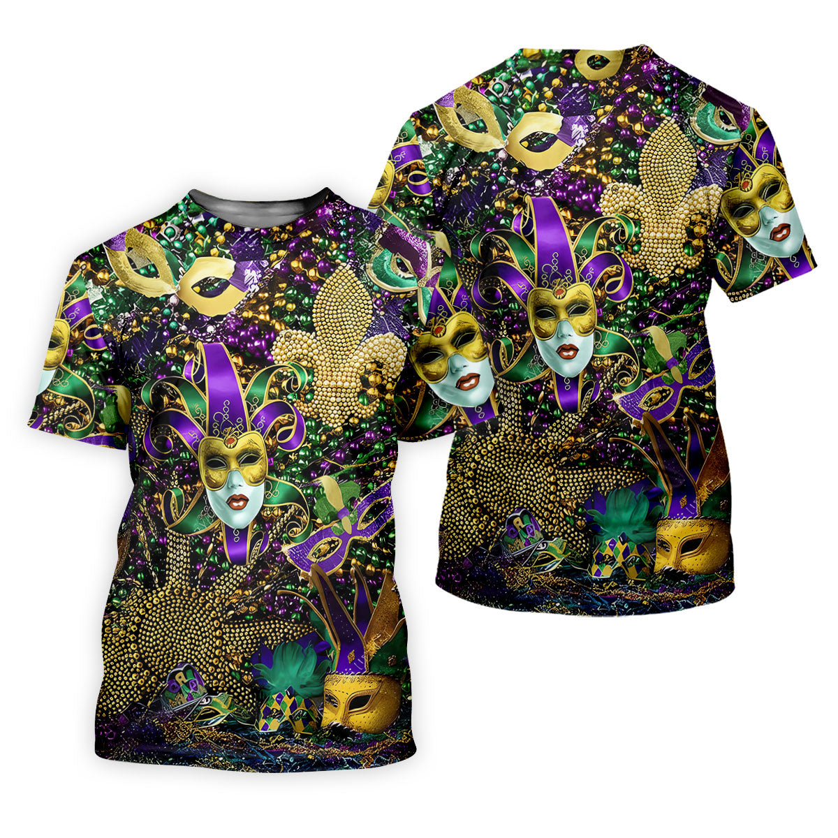 Jester Mask Purple Green Gold Fleur De Lis Beads Mardi Gras Golf Shirt, Women's Golf Tops, Ladies Golf Shirt