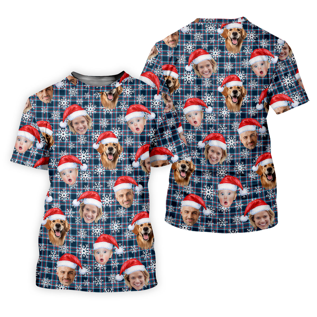 Custom Face Red And Blue Plaid Snowflakes Print Christmas Golf Shirt, Ladies Golf Tops, Golf Gifts For Women