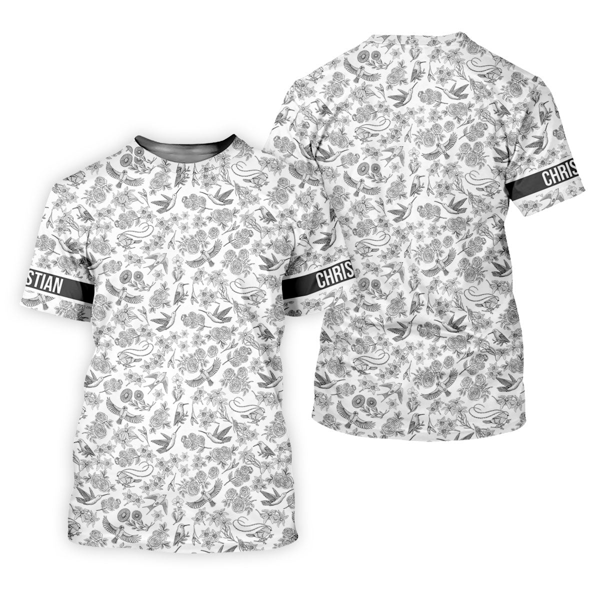 Custom Name Toile de Jouy Birds And Flowers Grey And White Women Golf Top, Ladies Golf Polos