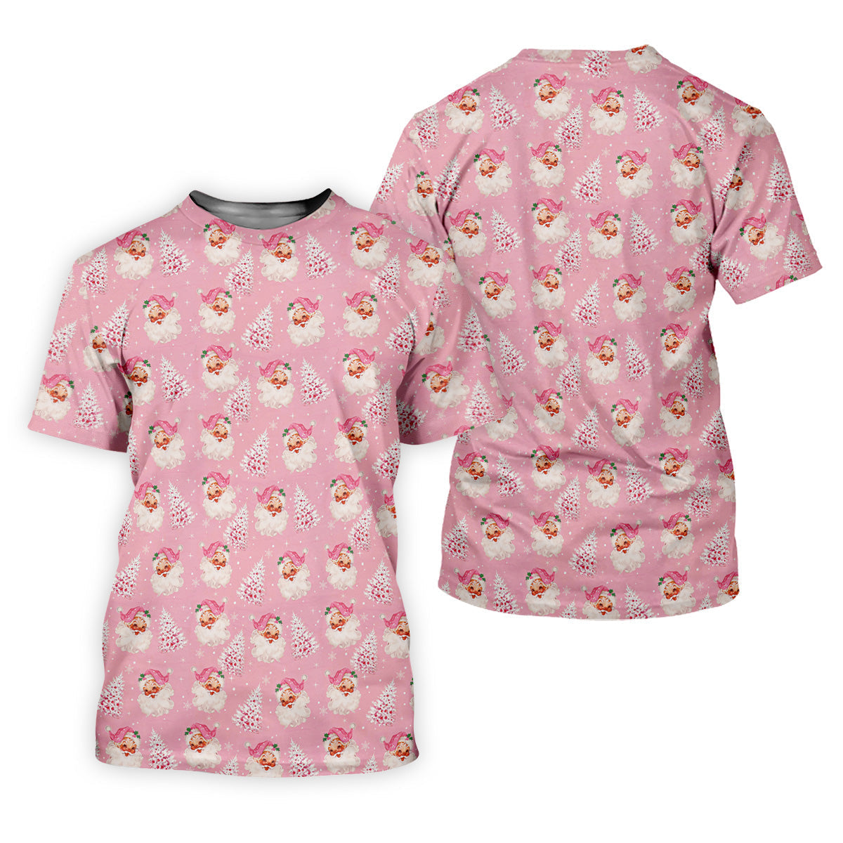 Pink Xmas Tree Santa Claus Pattern Christmas Golf Shirt, Women's Golf Tops, Golf Gift For Ladies