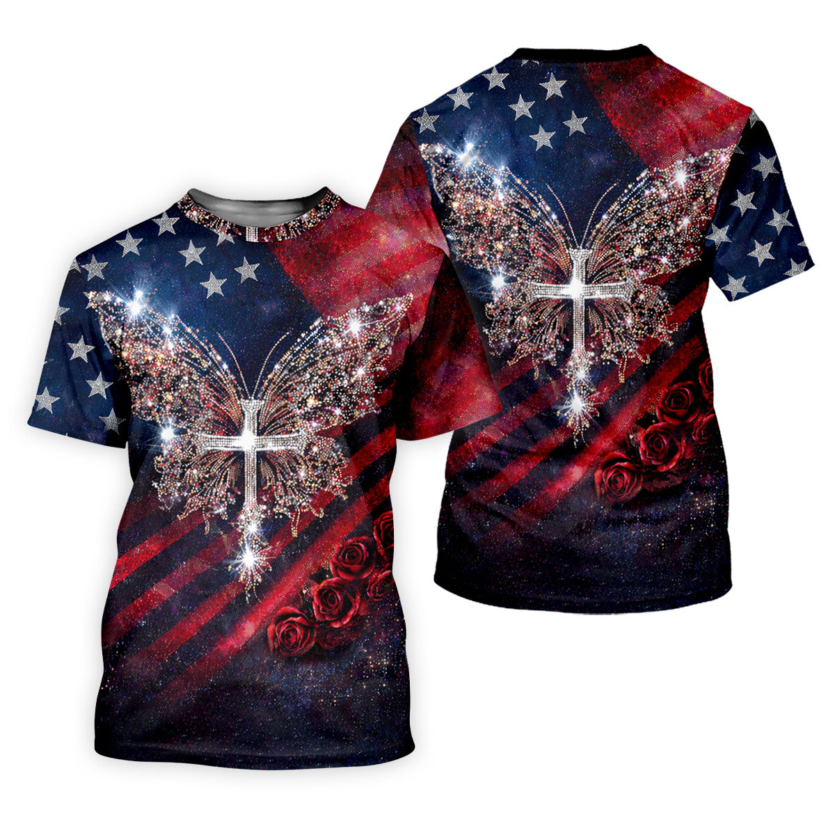 Faith Cross Shimmering Butterfly 250th Anniversary Ladies Golf Tops, Patriotic 4th Of July Golf Shirt For Women