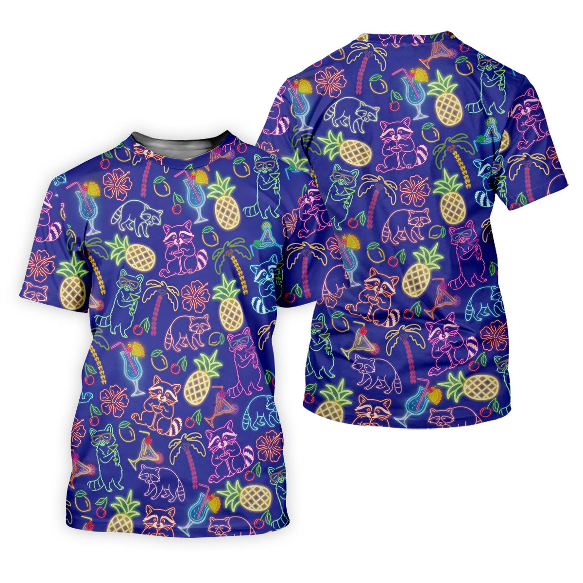 Neon Tropical Raccoon Cocktail Pattern Hawaiian Golf Shirt, Men's Golf Shirt, Polo Shirts For Men