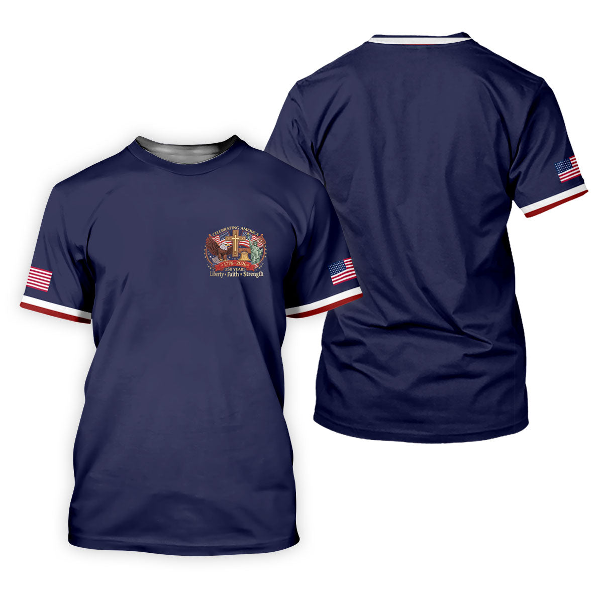 Liberty Faith Strength Faith Cross USA 250 Navy Golf Shirt, 4th Of July Golf Shirt For Women