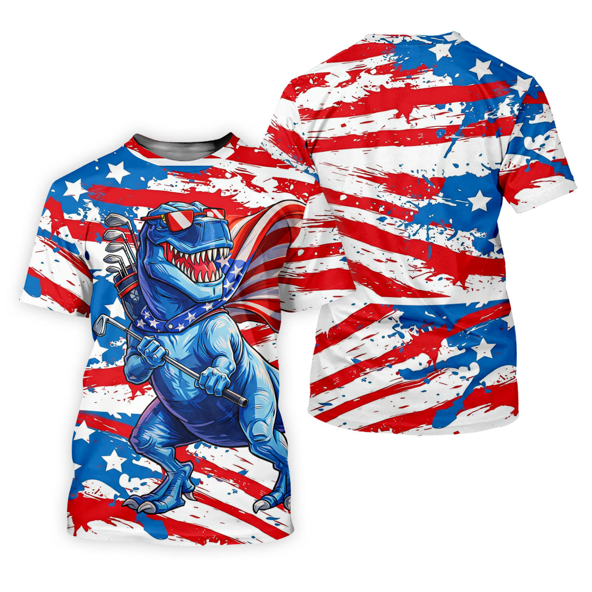Funny Dinosaur USA Flag Print 250 Years Anniversary Golf Shirt For Women, 4th Of July Patriotic Golf Shirt