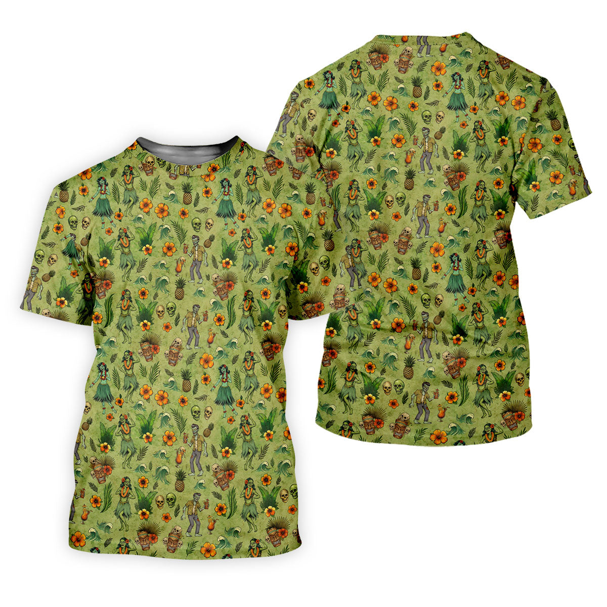 Tiki Zombie Hawaiian Golf Shirt, Hula Dancer Skull Pattern, Polo Shirts For Women