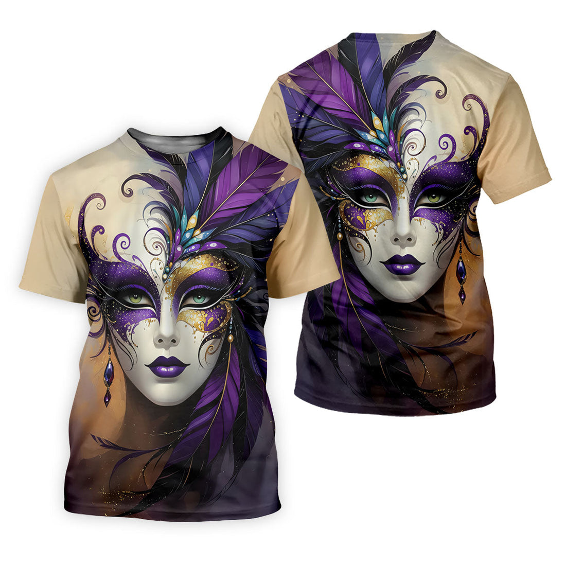 Feather Mask Mardi Gras Golf Shirt, Purple And Beige Women's Golf Tops, Ladies Golf Shirt