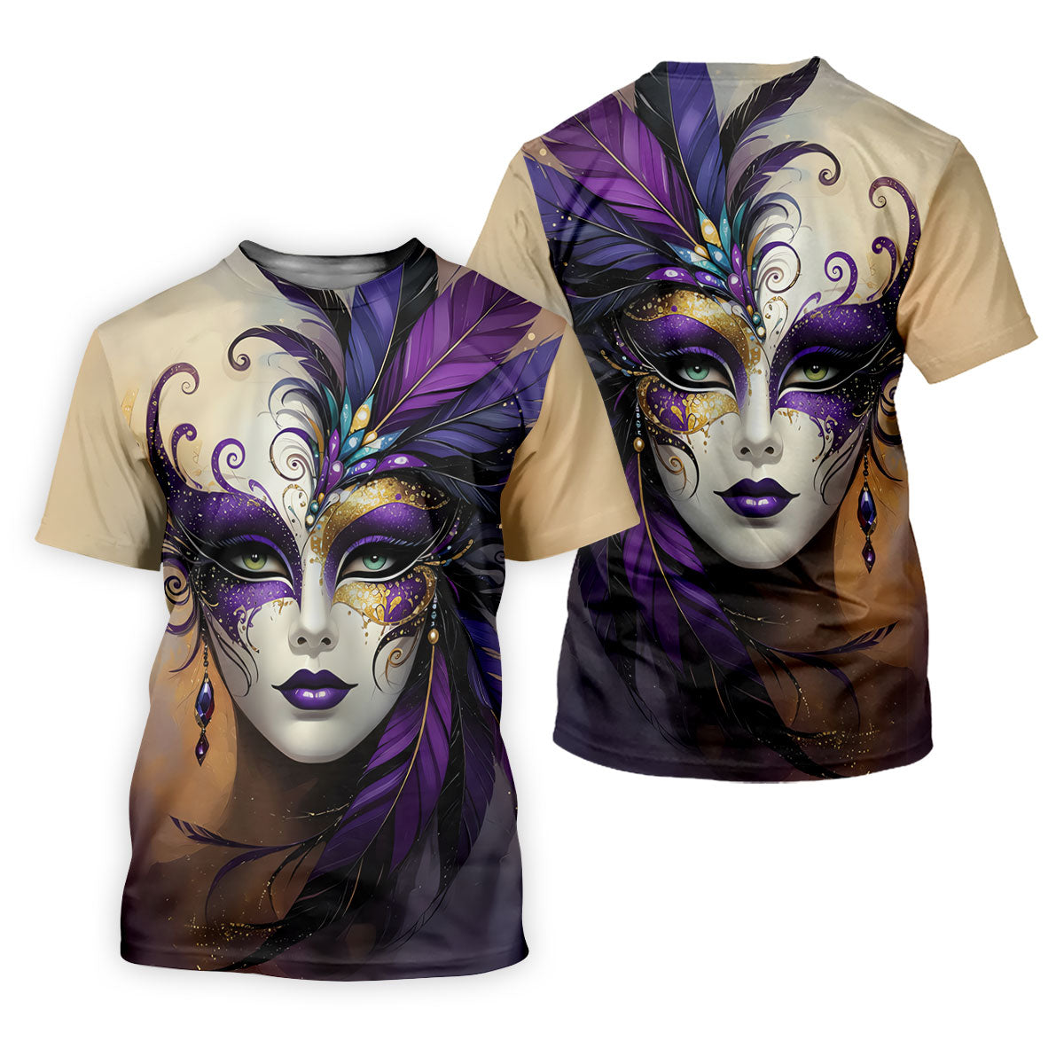 Feather Mask Mardi Gras Golf Shirt, Purple And Beige Women's Golf Tops, Ladies Golf Shirt