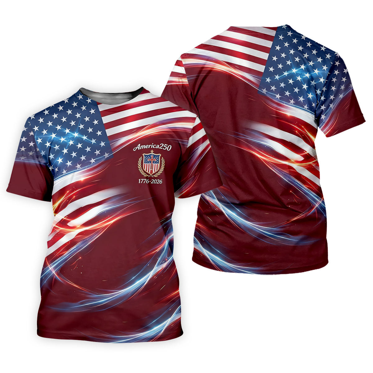 America 250 Light Effect American Flag Golf Shirt, Patriotic 4th Of July Golf Shirts For Men