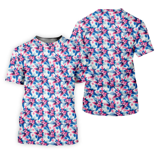 Pink Blue Tropical Floral Hawaiian Golf Shirt, Vibrant Color Golf Shirt For Women