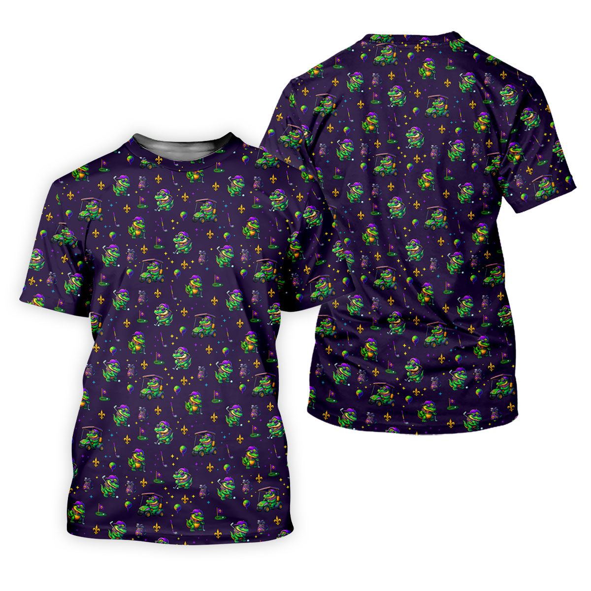 Funny Crocodile Mardi Gras Golf Shirts, Purple Golf Shirt, Festive Women Golf Top, Ladies Golf Shirts