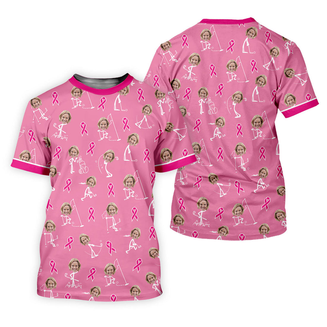 Funny Stick Figure Women's Golf Shirt, Custom Face Shirt, Breast Cancer Awareness Shirt, Pink Golf Shirt