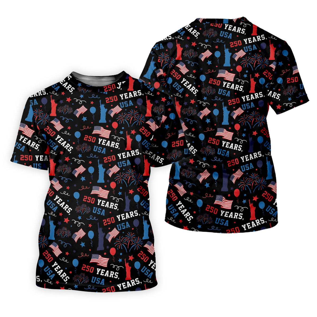 250 Years USA Red White Blue Seamless Pattern Black Golf Shirt, Patriotic 4th Of July Golf Shirt For Women