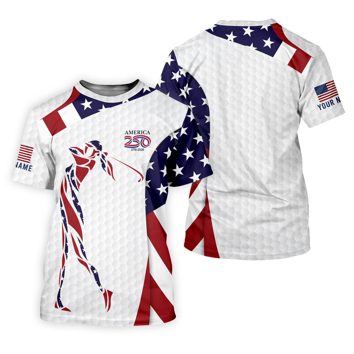 America 250 Golfer Pose Golf Ball Pattern 4th Of July Golf Shirt, Patriotic Golf Shirt, Golf Shirt For Women