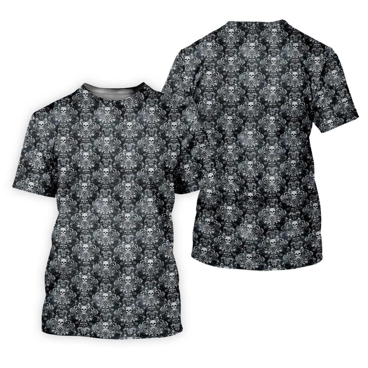 Skull Damask Charcoal Grey Gothic Floral Golf Tops For Men, Polo Shirts For Men, Golf Shirts For Men