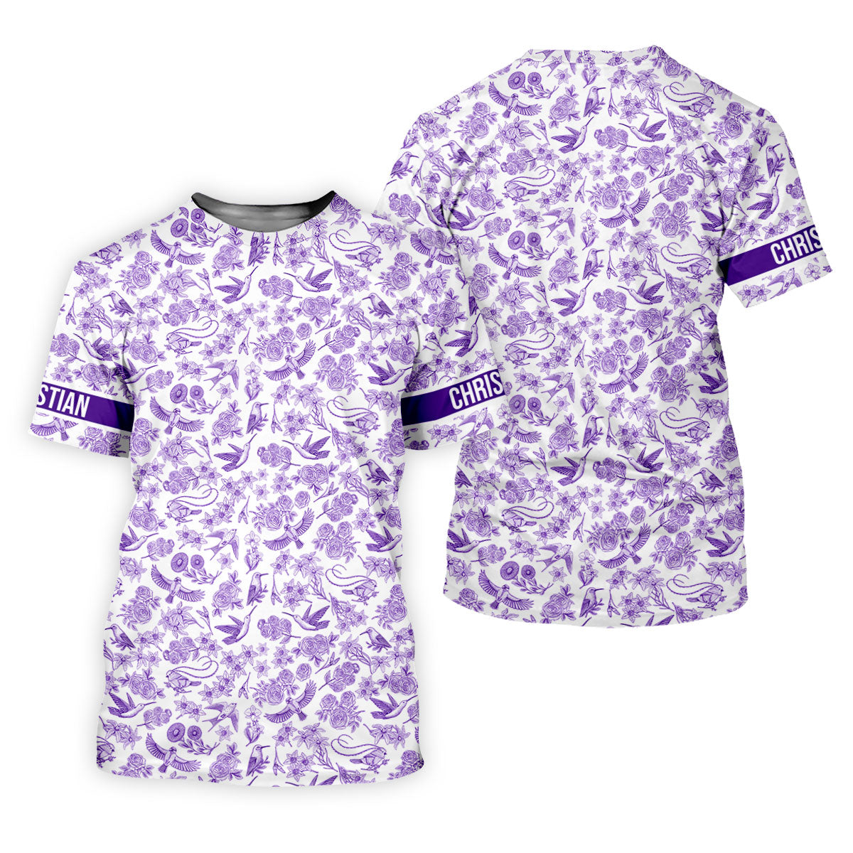 Custom Name Toile de Jouy Birds And Flowers Purple And White Women Golf Top, Ladies Golf Polos