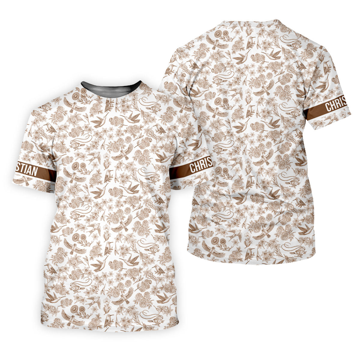 Custom Name Toile de Jouy Birds And Flowers Brown Golf Shirt, Women Golf Top, Ladies Golf Polos